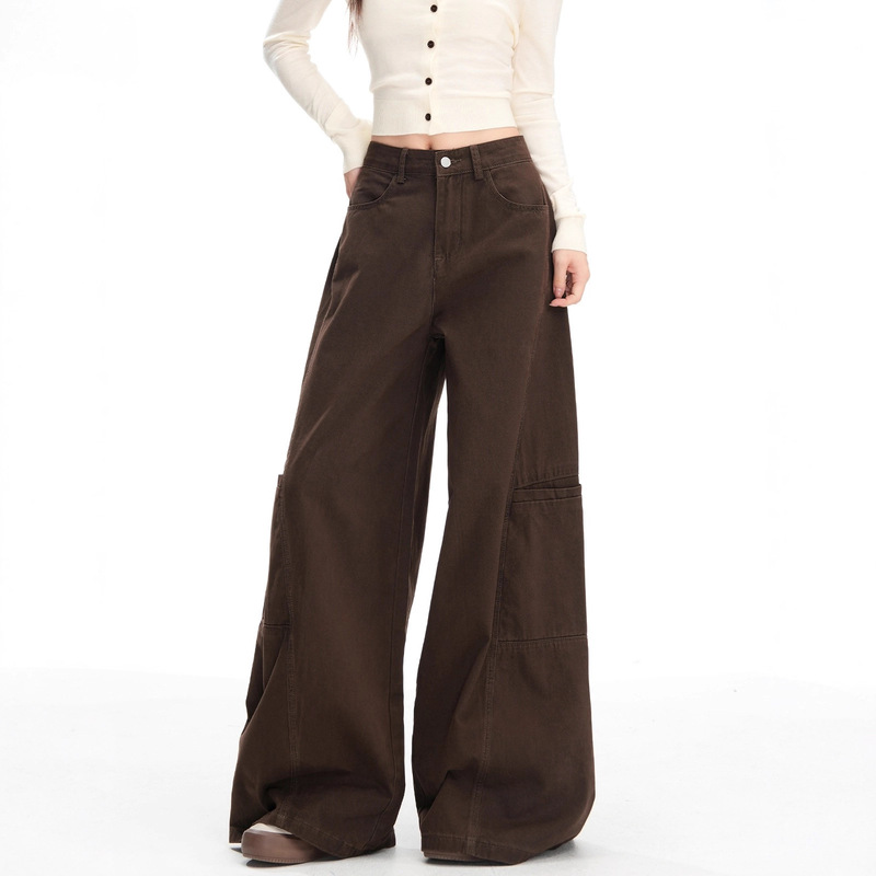 Brown Coffee Color Workwear Wide-Leg Loose Jeans for Women High-Waisted Slimming Wide-Leg Pants Women's Denim Drape Pants Women's Autumn