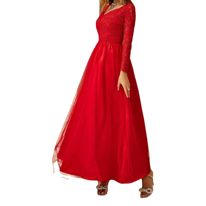 El Comercio exterior europeo y americano nueva ropa de mujer Amazon malla encaje manga larga vestido de novia vestido de noche rojo image 1