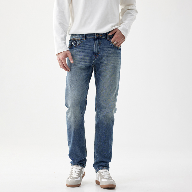 Quality Slim Fit Denim Trousers Fashion Micro-elastic Straight Jeans Cotton Casual Pants Embroidered Blue Trousers Trendy Brand
