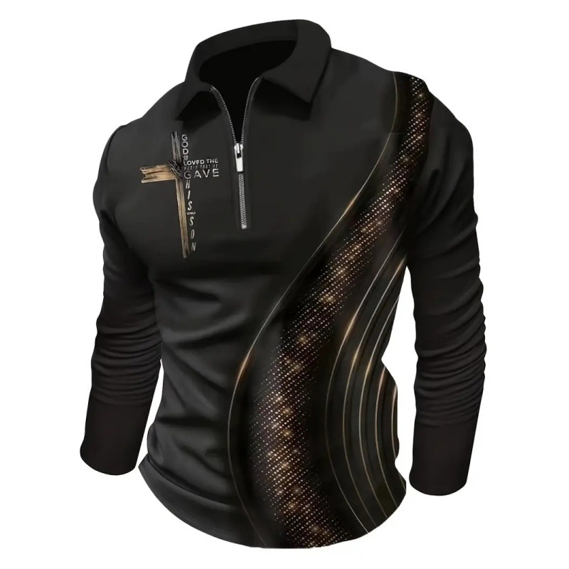 Primavera y otoño de los hombres calle todo-fósforo moda manga larga solapa cremallera camisa POLO retro cruz lema impresión 3D