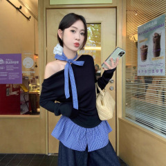 气质小众假两件露肩格子拼接长袖T恤女冬季别致chic修身显瘦上衣