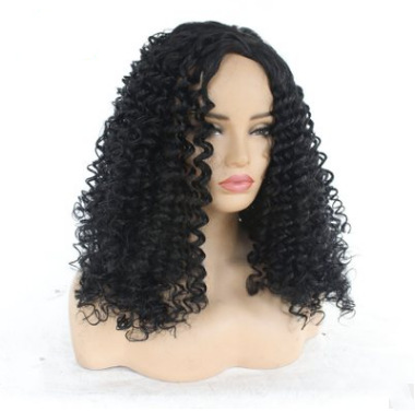 Peluca rizada larga rizada pequeña africana negra europea y americana, peluca de fibra química, seda de alta temperatura, casco de mecanismo completo LW0188