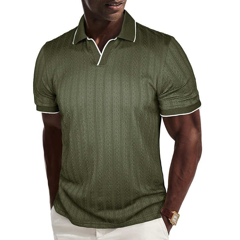 Cross-Border European and American Summer Men's Short-Sleeved Textured Jacquard Knit Polo Shirt Regular Fit Stretch Golf Shirt