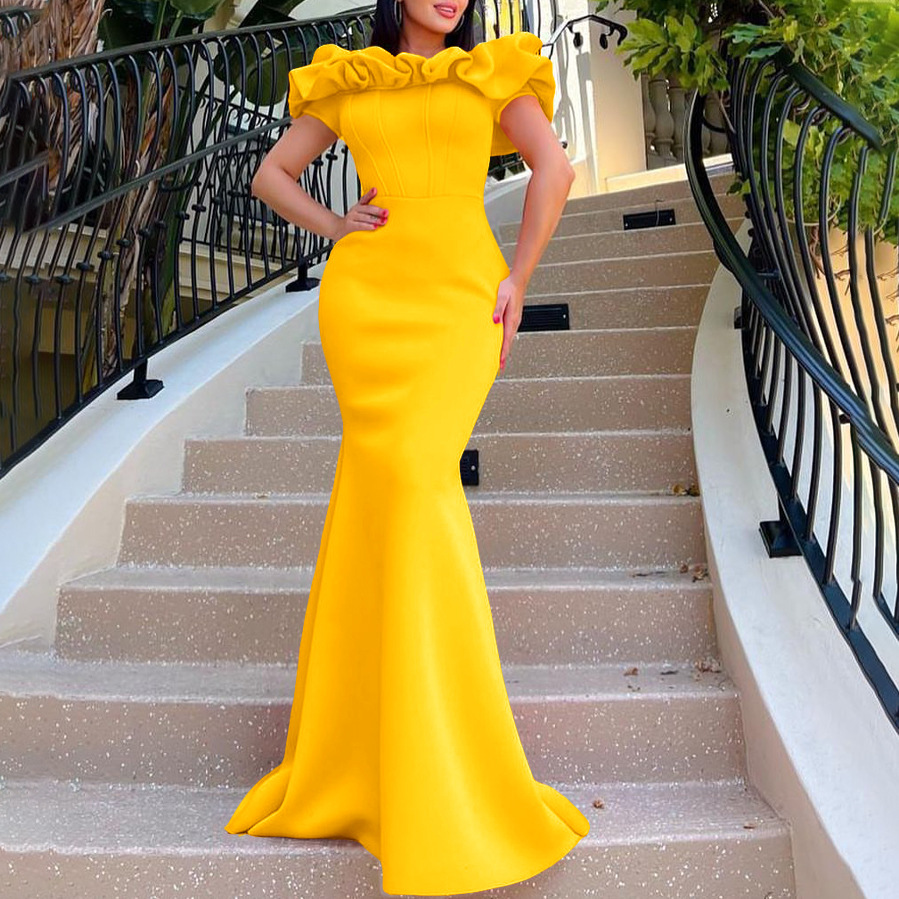 Women's Clothing Fashion Women's Summer Solid Color One Line Collar Fishtail Skirt Long Skirt Evening Dress_voghion.com