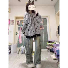 美式高街星星满印连帽卫衣女春秋宽松设计感
