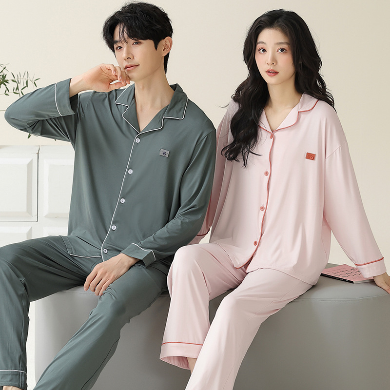 Pajama de pareja de primavera y otoño delgado moda pantalones de manga larga cardigan juvenil simple conjunto de ropa casera casual