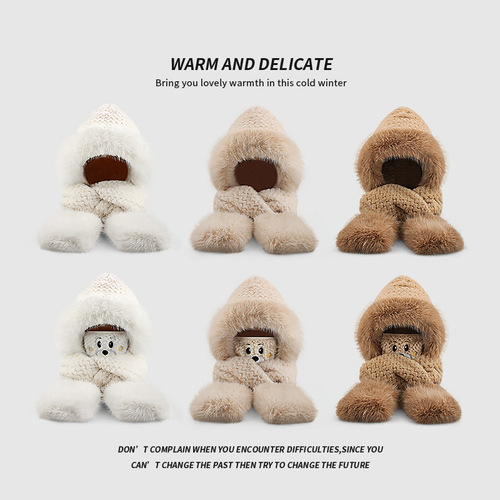 Fleece Hat, Scarf, and Gloves Set for Women - Autumn/Winter Cycling Cold Protection Ear Covering - Versatile, Thick, Warm, Hooded, Solid Color