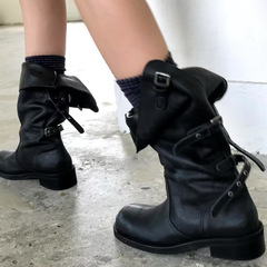 牛皮版韩系小众翻盖两穿靴子堆堆靴女皮带扣机车马丁靴中筒西部靴