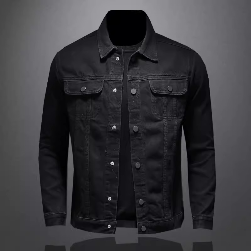 730/X1304/P105 Black Snaps Multi-Pocket Solid Color Denim Jacket Jacket Men's Jeans