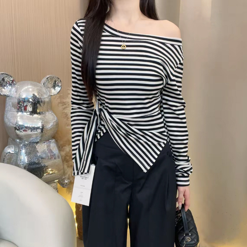 大码胖mm韩系条纹不规则开叉斜肩长袖T恤女装早秋收腰设计感上衣|undefined