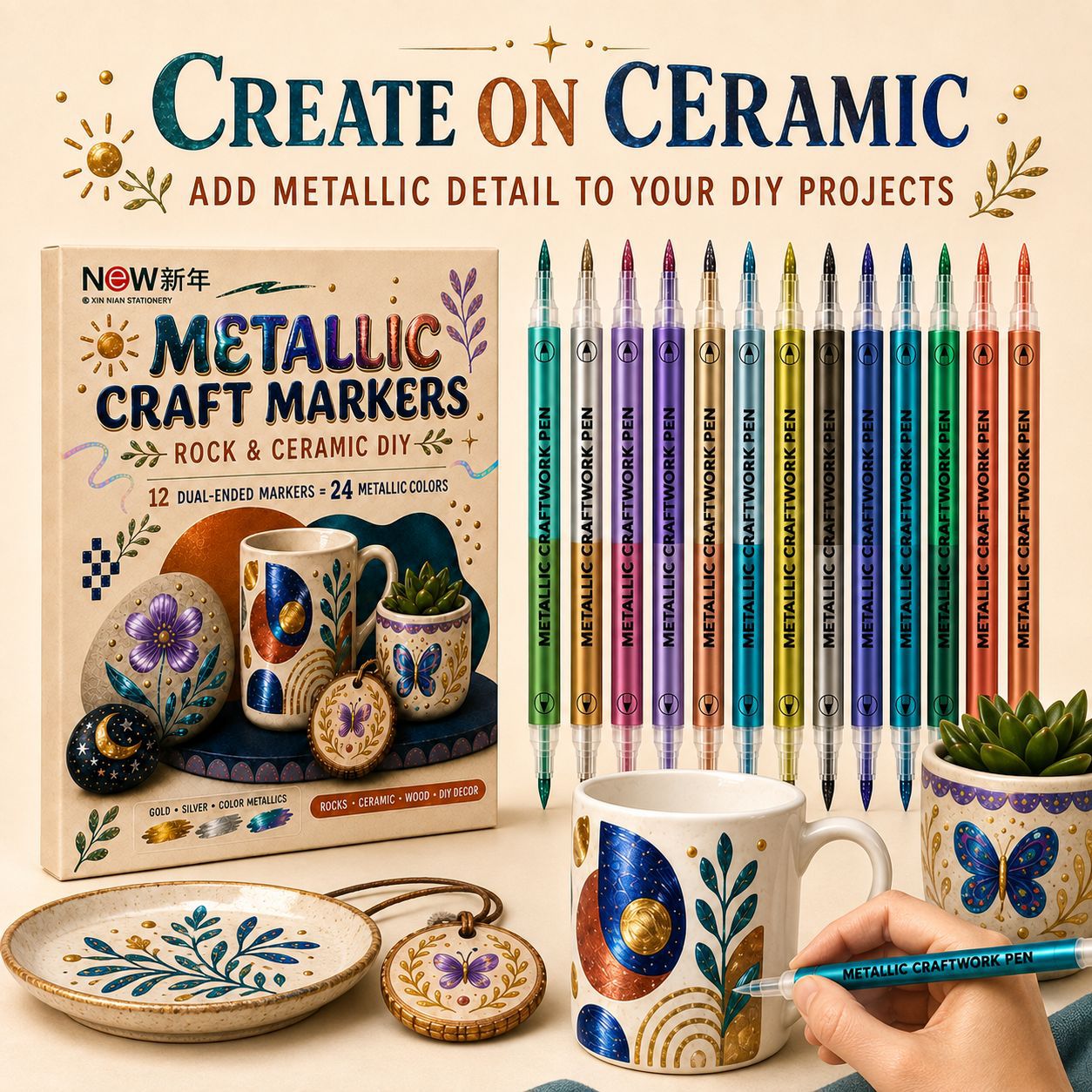 Double-ended metal marker pen set, ceramic stone painting pen, gold and silver highlighter, DIY hand-painting and doodling pen
