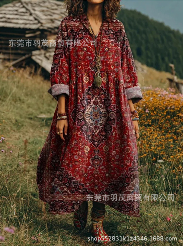 2025新款独立站女式复古花卉艺术图案印花口袋V领口袋连衣裙2|undefined