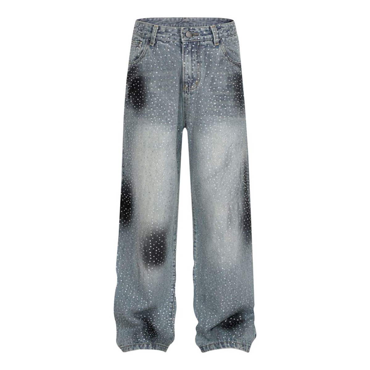 Retro American Chinese Style Couple Jeans Loose Wide Leg Floor Length Trousers With Rhinestones And Sparkles For Men Spring Autumn_mkmklike.com