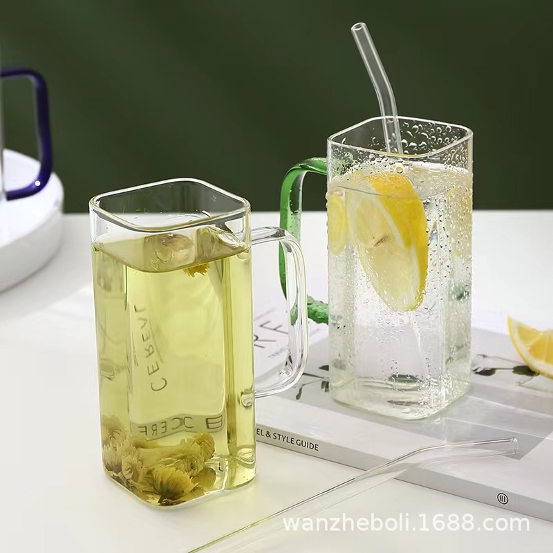 方形玻璃杯家用牛奶果汁杯高顏值水杯女新款吸管杯子ins風耐高溫