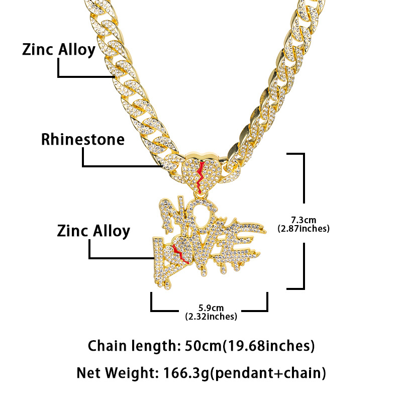 New full diamond Cuban chain splicing letter love pendant hip-hop street culture trendy men's necklace_voghion.com
