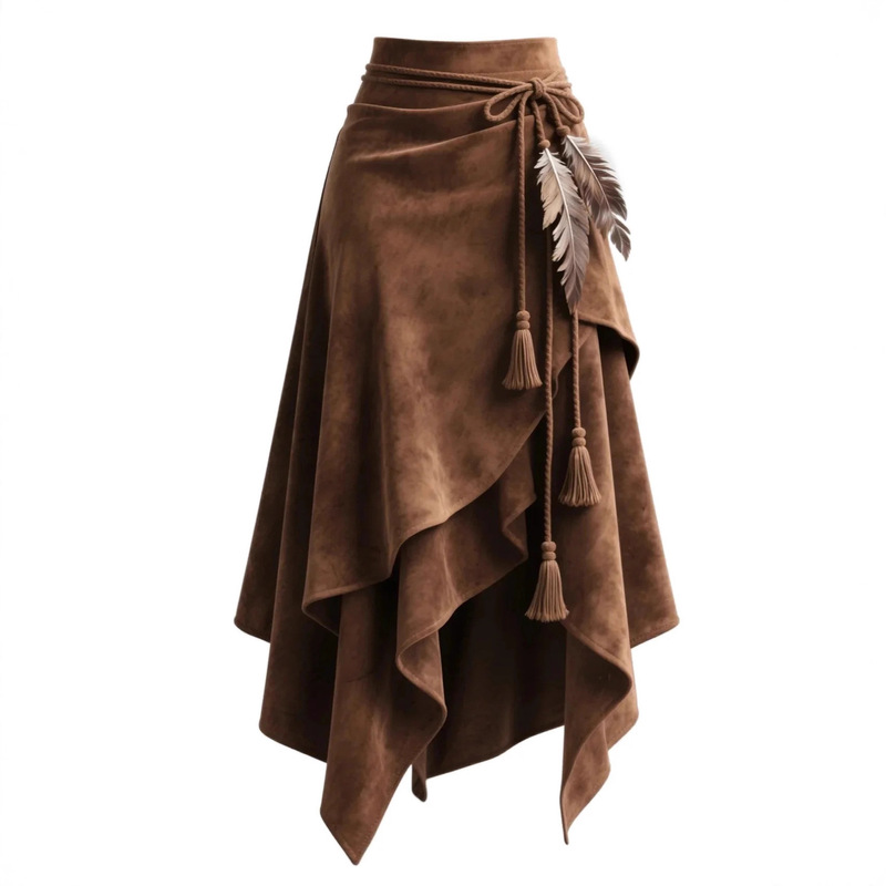 2025 Maillard Coffee-Colored Suede Skirt for Women, Autumn Irregular Tie Slimming A-Line Mid-Length Skirt