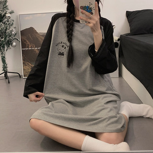 Nightgown Women's Spring and Autumn dress Long-sleeved Knitted 6535 Cotton Pajamas Women's Autumn and Winter New Loose Cute Home Clothes