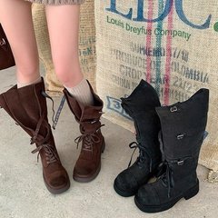 牛皮版~磨砂真皮长筒靴女松弛感皮带扣骑士靴不过膝两穿靴子女潮