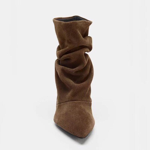 Autumn New Arrival Women's Shoes, Faux Suede Crepe Pointed-toe Cat Heel Short Blocky Brown Pointed-toe Crepe Short