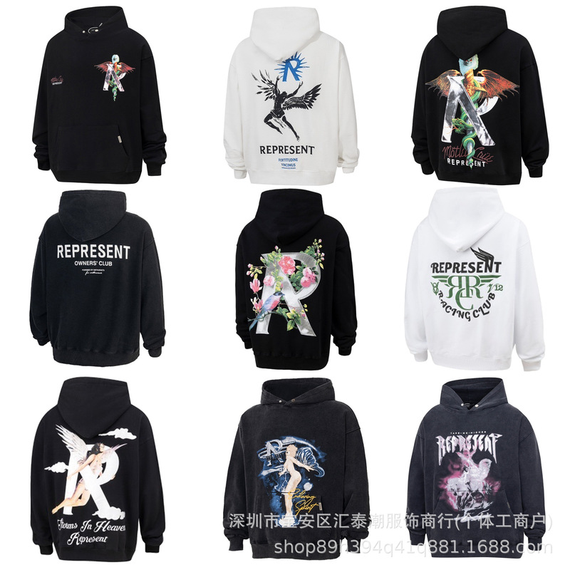 Cross-Border European and American Trendy Brand Represent Letter Print Washed Hoodie Terry Sweatshirt Unisex High Street Jacket Cross-Border European and American Trendy Brand Represent Letter Print Washed Hoodie Terry Sweatshirt Unisex High Street Jacket