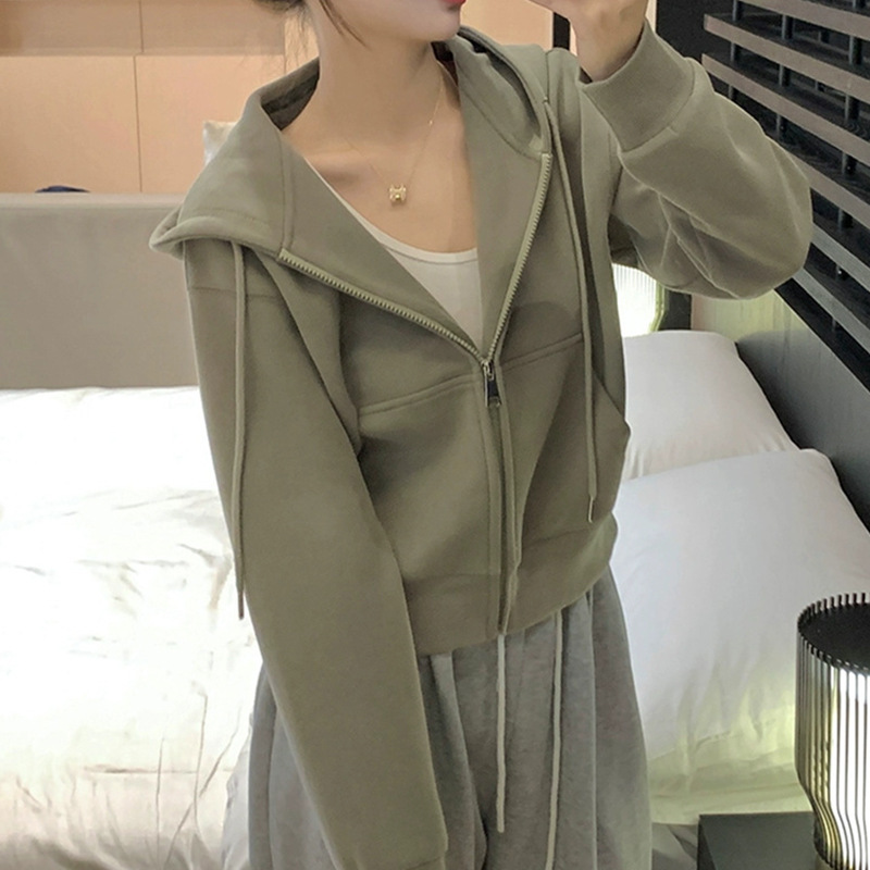 Autumn Velvet Short Hooded Sweatshirt Jacket for Women 2024 New Women's Autum Clothing Early Autum Cardigan Petite Top