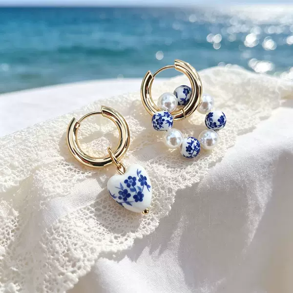 New European and American cross-border jewelry: simple, stylish, versatile, niche, vintage blue-and-white porcelain, unique and elegant faux pearl earrings