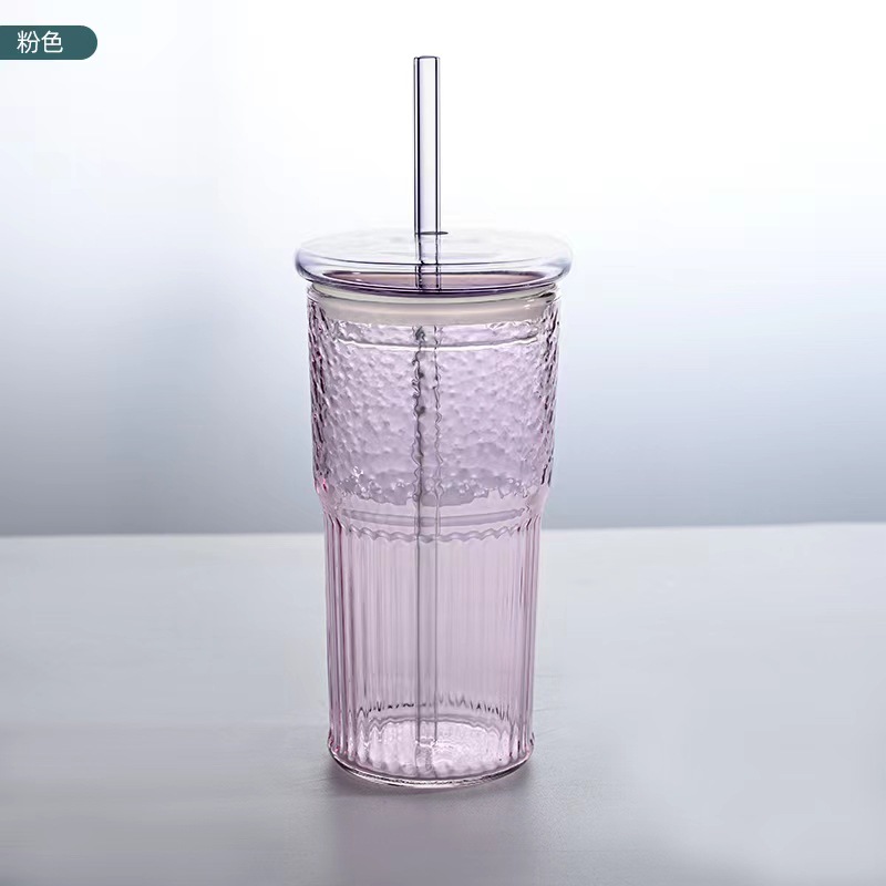 Taza de paja de vidrio de alto borosilicato de color, taza de jugo de leche doméstica de alto valor facial, taza de té de leche de vidrio transparente de gran capacidad