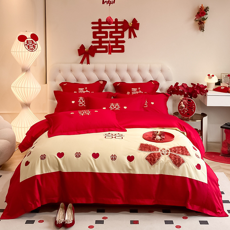 High-end 100 long-staple cotton wedding four-piece set cotton embroidery luxury red festive bedding supplies cotton quilt cover 5
