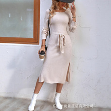 欧美跨境女装圆领长袖修身显瘦针织衫长款内搭毛衣女装开叉连衣裙