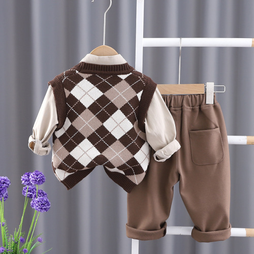 Boys and girls spring clothing children's tie pendant bear sweater culottes three-piece suit children's clothes fashionable baby spring and autumn