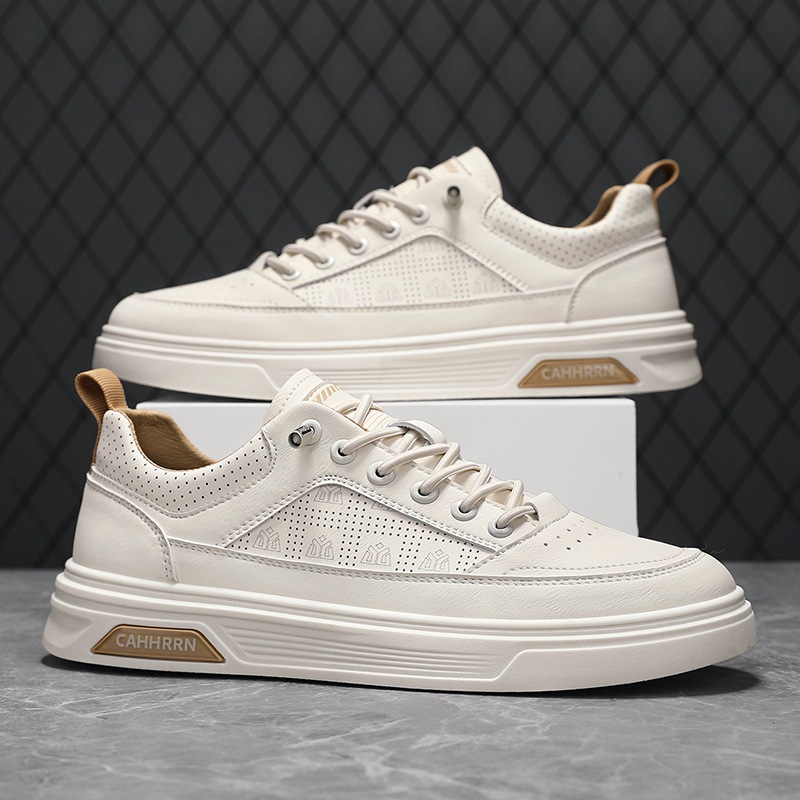 Zapatos blancos de estudiantes, zapatos de skate de fondo plano para hombres, 2025 nuevos zapatos de primavera para hombres, zapatos de cuero casuales de moda.
