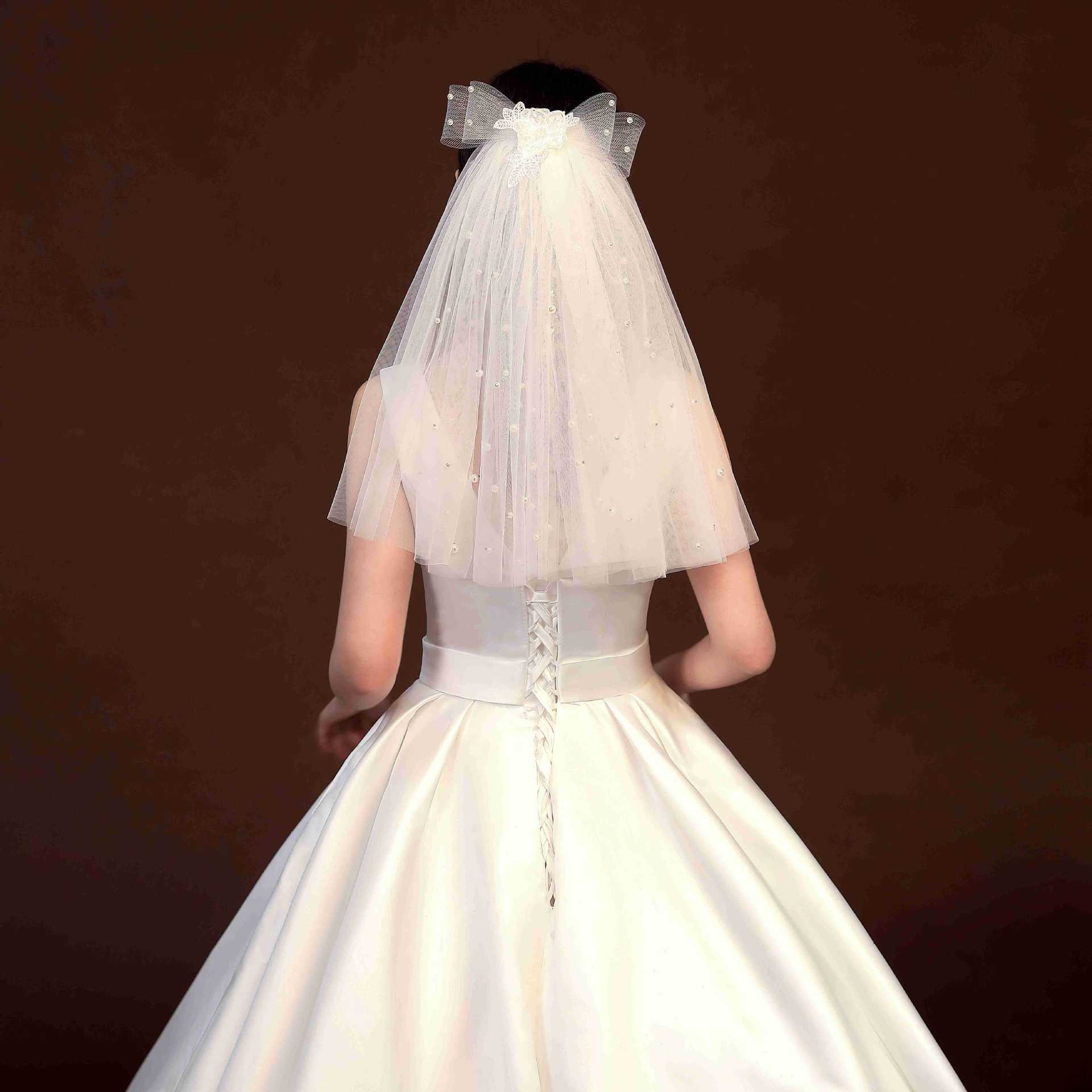 唯美轻纱头纱头饰超仙森系网红拍照道具领证新娘小珍珠短款蝴蝶结|ms