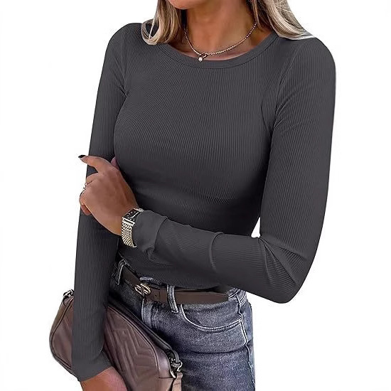 2026 Women's Long Sleeve Stretchy Crew Neck Ribbed T-Shirt Slim Fit Casual Basic Top Japanese and Korean Style Casual