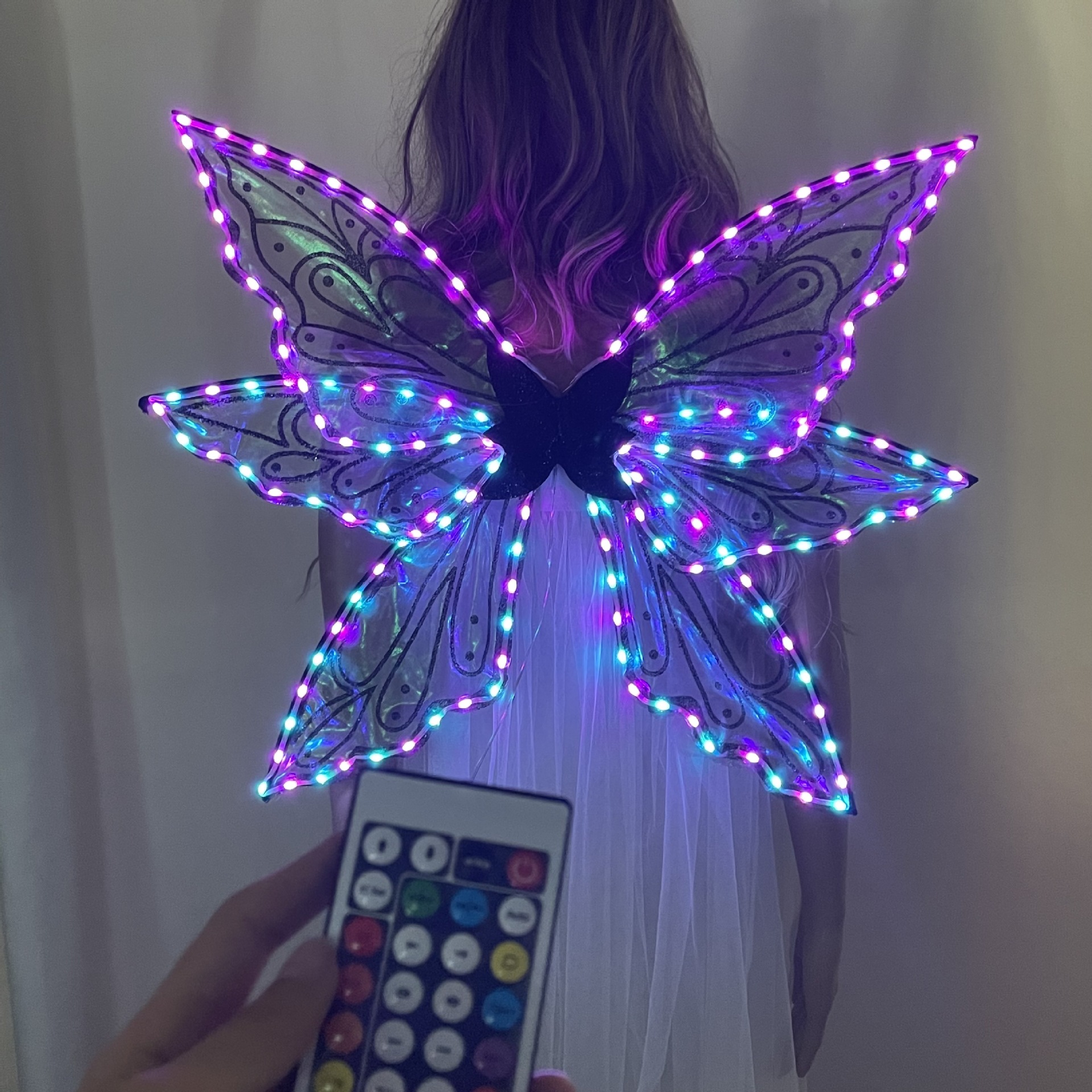 LED color fantasma agua negro estampado polvo mariposa brillante alas APP teléfono móvil control remoto fiesta escenario accesorios de vestir