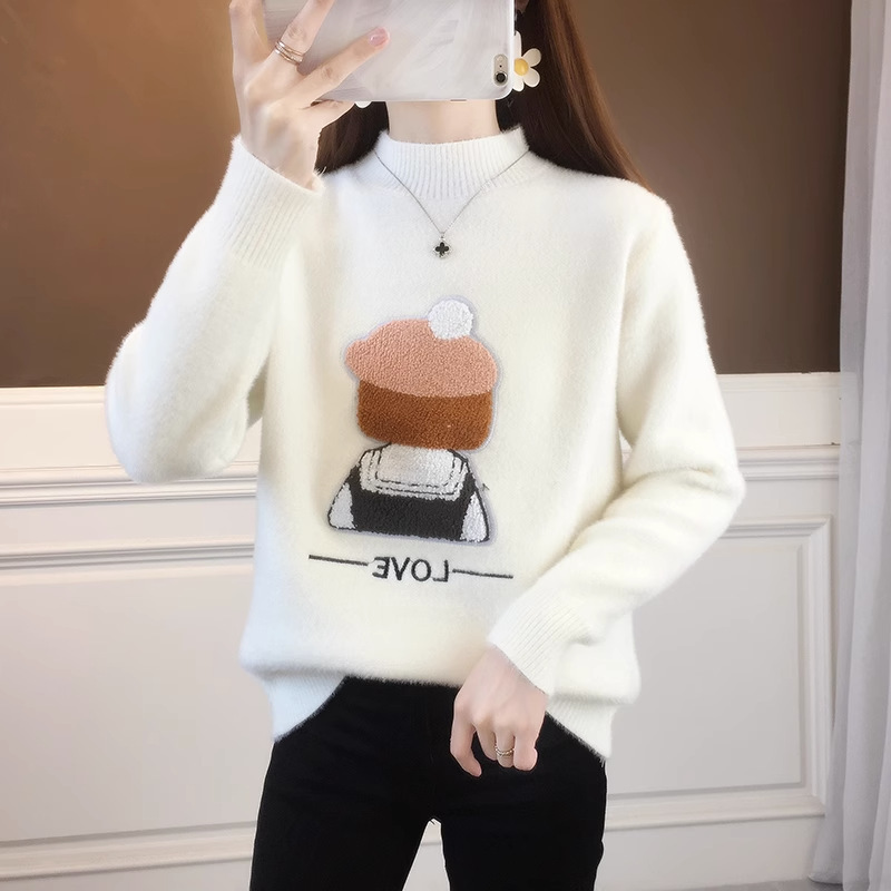 2024 Autumn and Winter New Style Imitation Mink Fleece Mock Turtleneck Sweater Women's Thickened Pullover All-match Loose Knitted Outer Wear Base Shirt