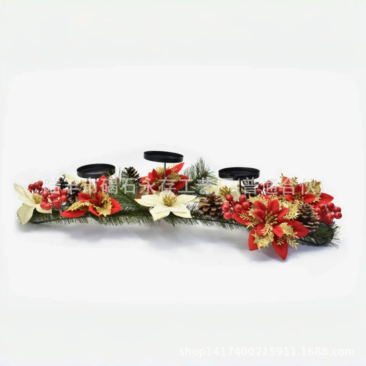 Новогодняя свечная центральная композиция с красной poinsettia, 65×20×35 см, металлические чаши для свечей