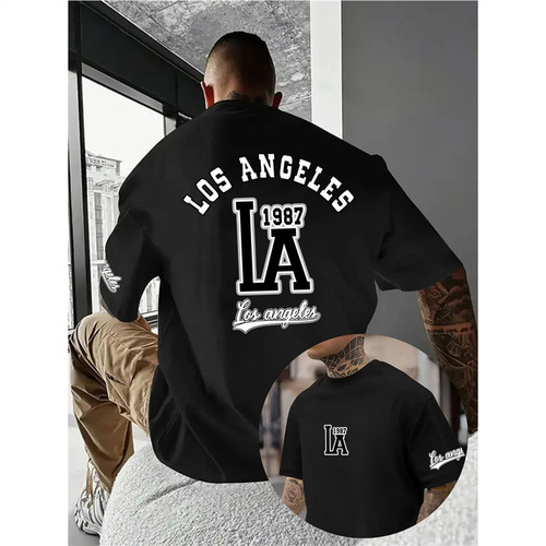 Cotton [Fashion] Letter Men and Women Unisex T-Shirt Short Sleeve Men and Women European Size Casual Print Sport Los Angeles T-Shirt