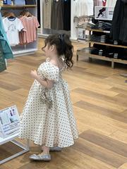 女童夏裝重工禮服氣質淑女長款木耳邊滿印植絨波點泡泡短袖連衣裙