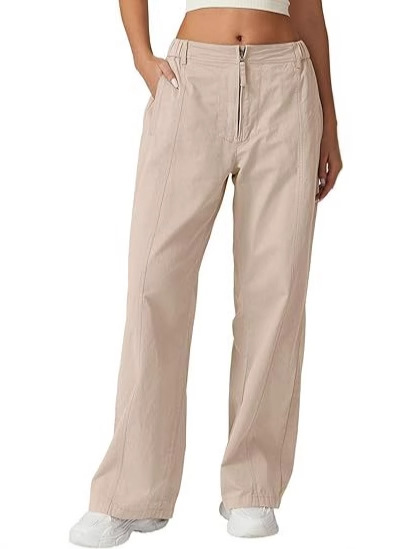 Pantalones anchos con cremallera frontal para mujer explosiva de Amazon transfronteriza, monos casuales de cintura alta, pantalones anchos con bolsillos de algodón
