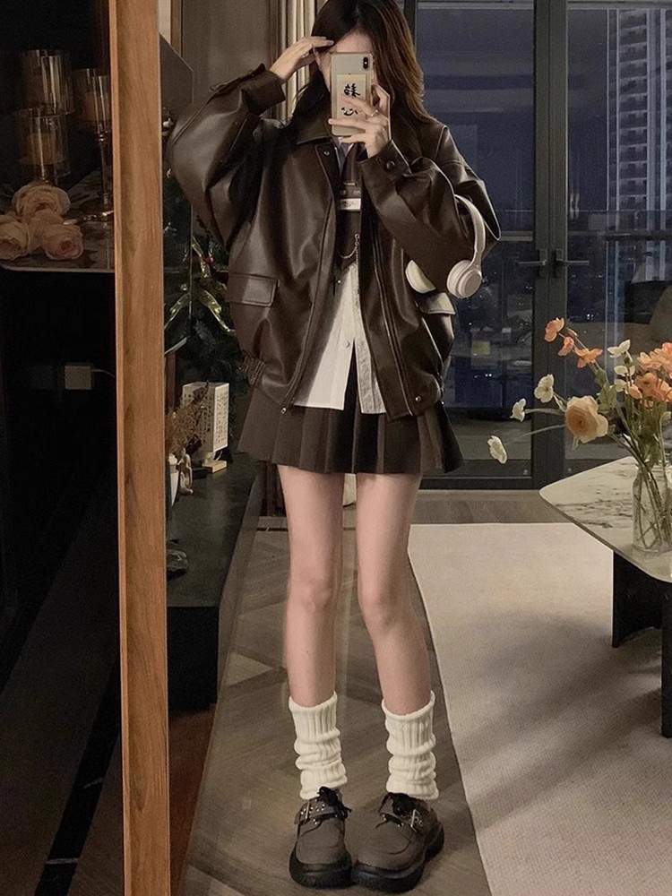 小香風皮衣短コート2024年女性新秋冬アメリカ小柄革ジャケット春秋上着