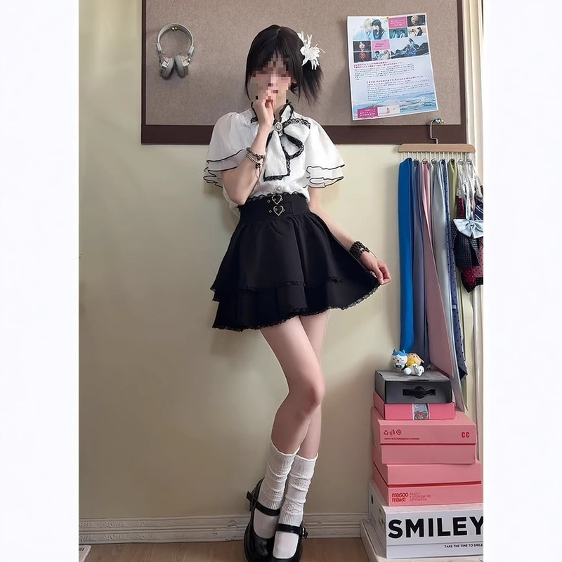 2025 夏 rojita クリア日本甘いリボン気質トップシャツ + ショートスカート 2 ピース女性|undefined