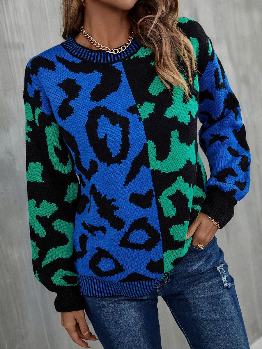 Suéter de Moda Primavera 2025, Estilo Europeo y Americano, Popular, con Estampado de Leopardo, Patchwork, Tejido Mixto