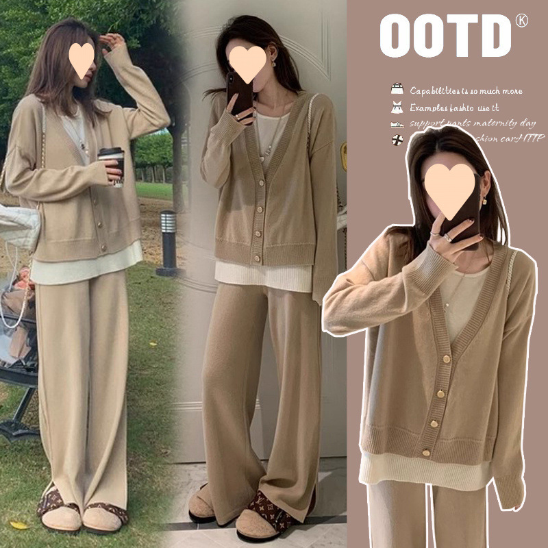 임산부 정장 2025년 신상 봄 가을 패션 트렌디 가을 겨울 니트 스웨터 상의 및 바지 투피스 정장