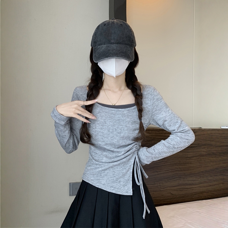 不规则假两件打底衫女早秋仿皮草内搭短款毛衣浅色miu小个子上衣|undefined