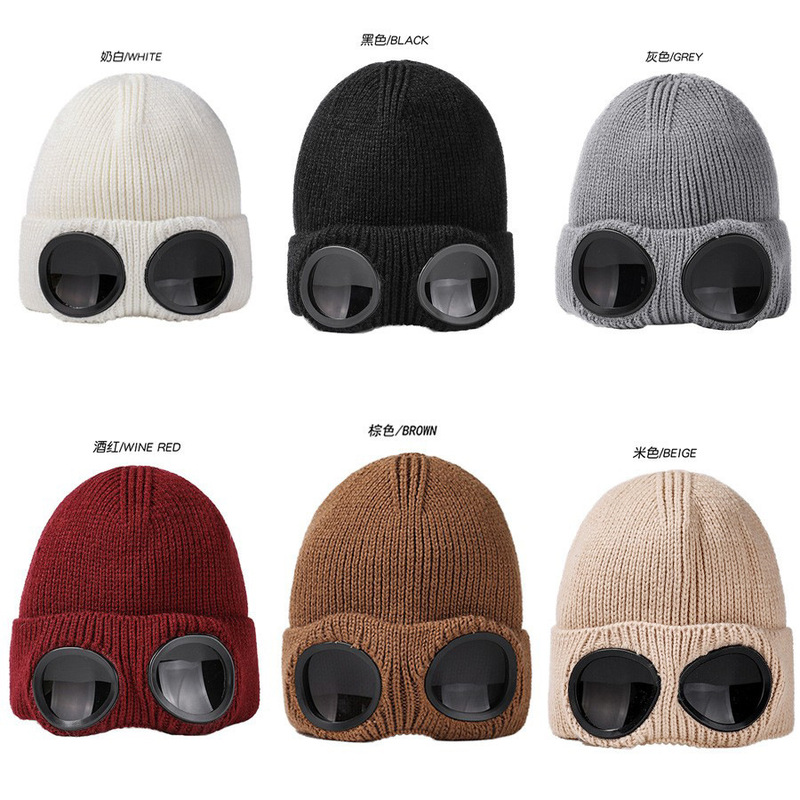 Cross-border Hat Autumn and Winter Windproof Glasses for Men and Women Warm Ski Knitted Hat Amazon Europe and America Warm Wool Hat
