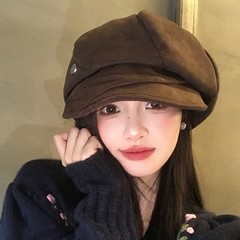 复古日系褶皱咖色贝雷帽女秋冬季显脸小气质八角帽大头围画家帽子