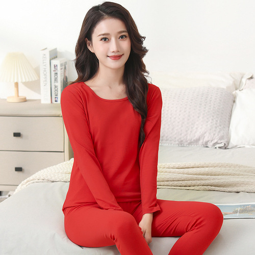 Modal cotton thermal underwear for women, spring and autumn round neck thin autumn clothes and long trousers close-fitting set solid color underwear