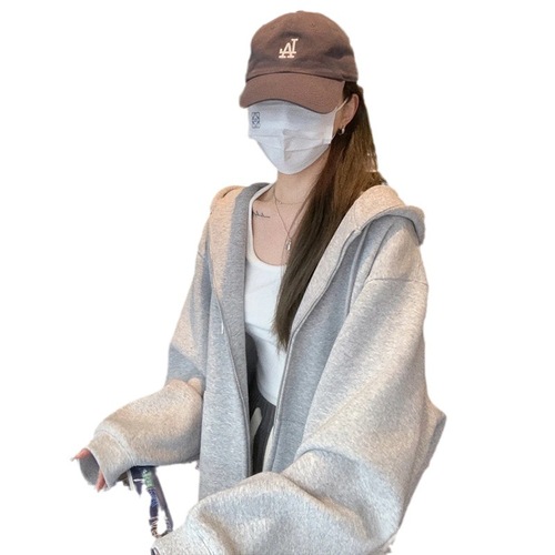 Women's Zipper Thin Cardigan for Spring 2024, Grey Open-Front Hooded Coat, New Arrival Top for Petite Figures, Autumn/Winter Style