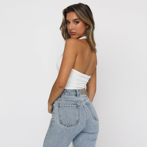  summer ins solid color slim fit short sleeveless top for women Amazon European and American V-neck backless halterneck vest