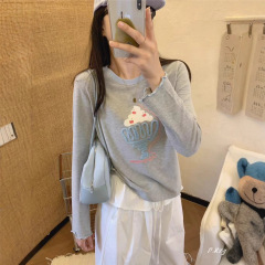 011秋季2025新款慵懒风松弛感上衣植绒卡通字母长袖打底衫女士T恤